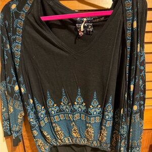 Free People Black V-Neck blouse with Blue and Gold Print